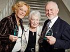 Pictured (left to right): Age UK Internet Champion, Brenda O’Mulloy; actress June Whitfield; and fellow Internet Champion, Keith Patterson.